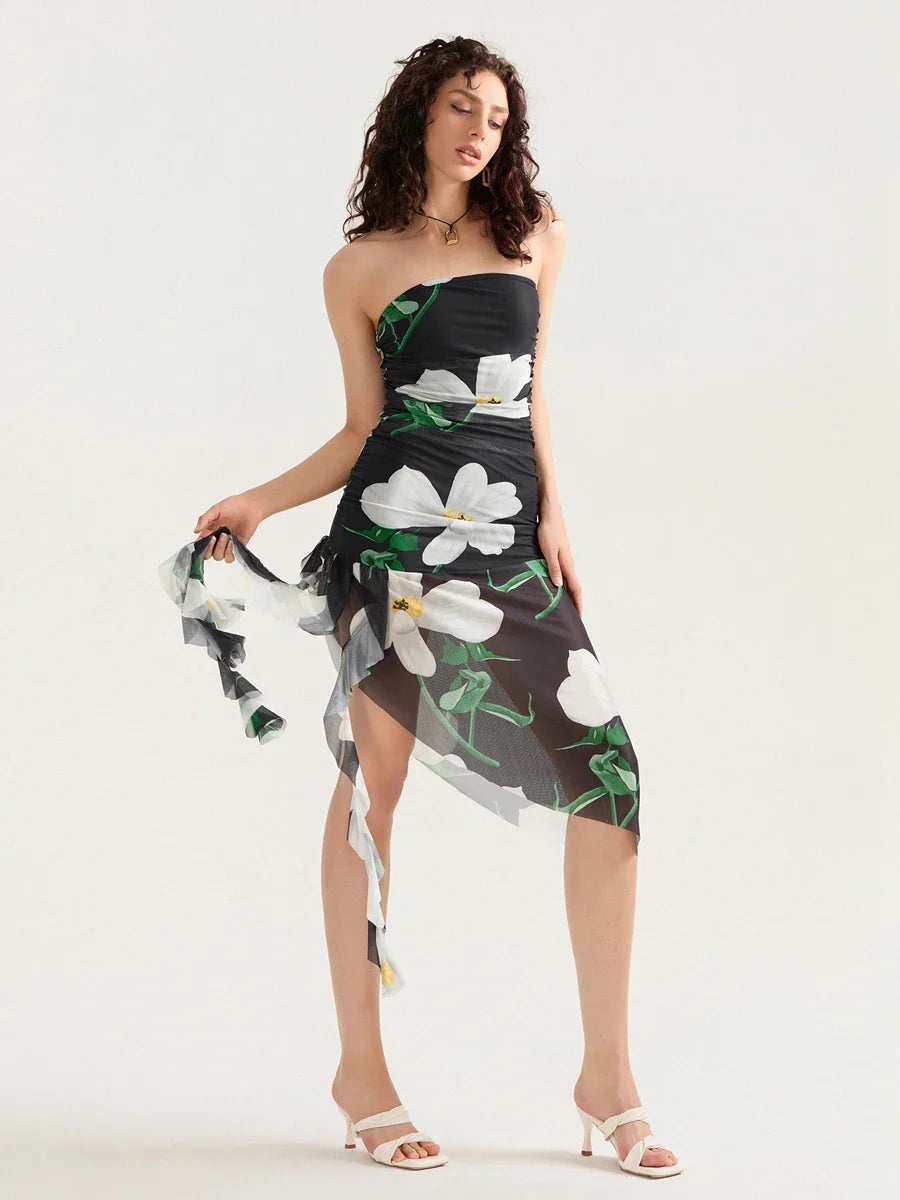 Sexy Strapless Ruffle Tassel Mini Floral Dress