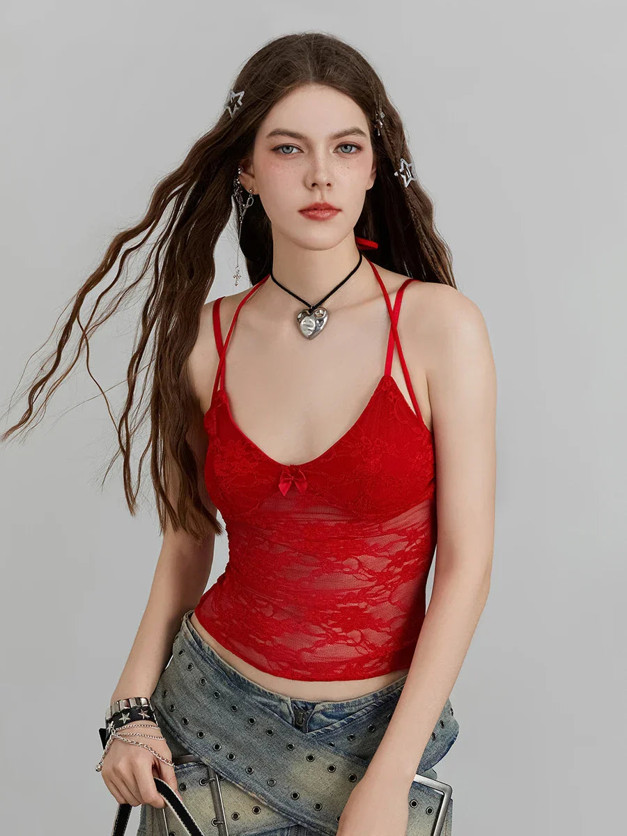 Sheer Lace Floral Halter Tie-up Nightclub Camisole Top - Fashionpara