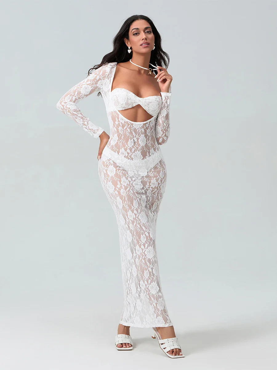 Sexy See-Through Lace Sheer Long Sleeve Beach Floral Dress