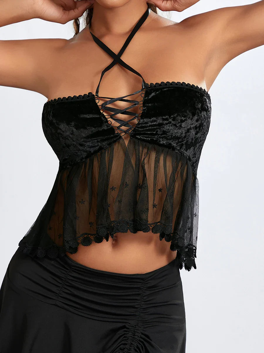 Sheer Mesh Halter Tie-up Strapless Backless Bandeau - Fashionpara