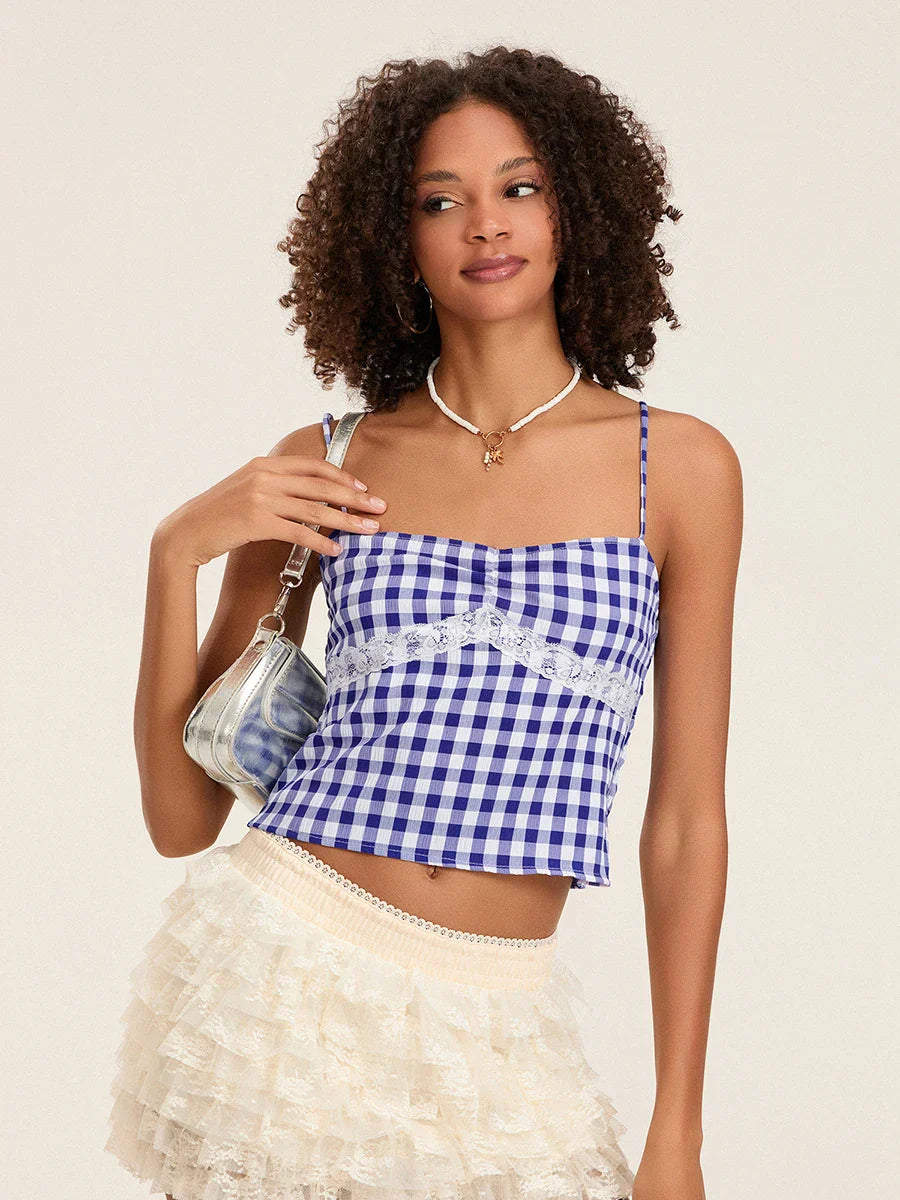 Plaid Lace Patchwork Spaghetti Strap Low-cut Crop Top