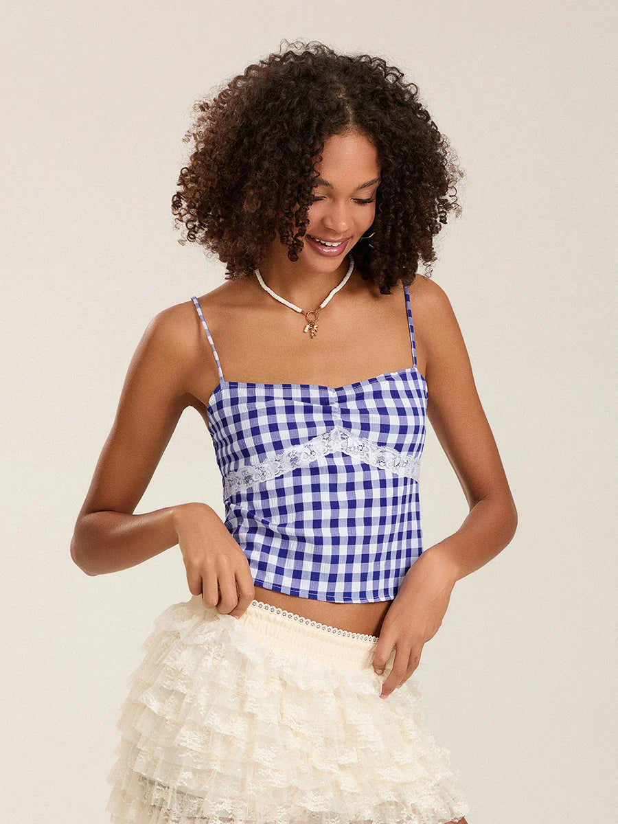 Plaid Lace Patchwork Spaghetti Strap Low-cut Crop Top