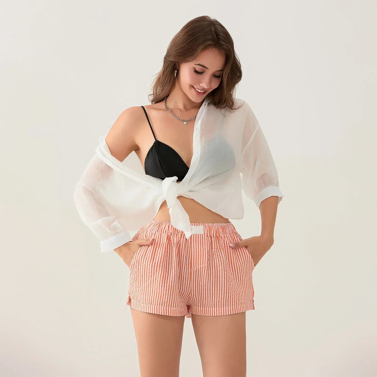 Striped Side Split Elastic Waist Short
