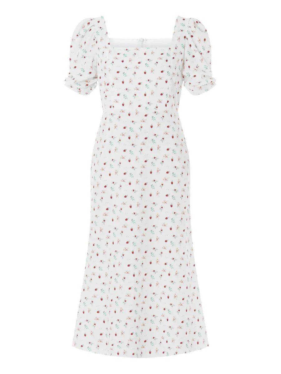Summer Floral Midi Puff Sleeve A-Line Floral Dress