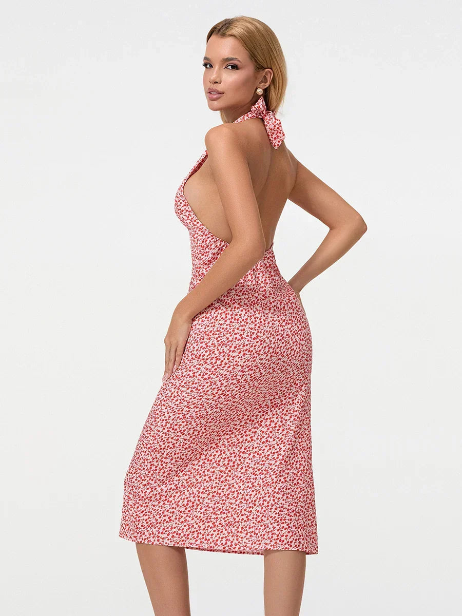 Ditsy Floral Halter Neck V-Neck Bodycon Midi Dress