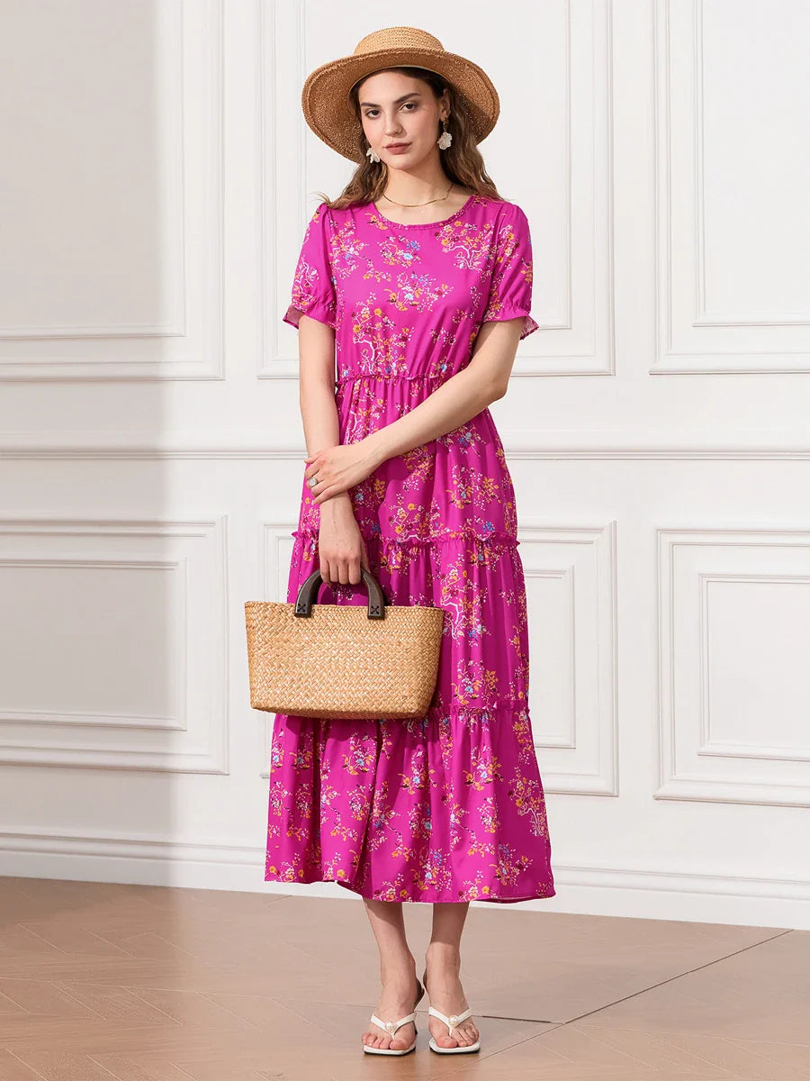 Floral Ruched Tiered Puff Sleeve Pleated Flowy Long Floral Dress