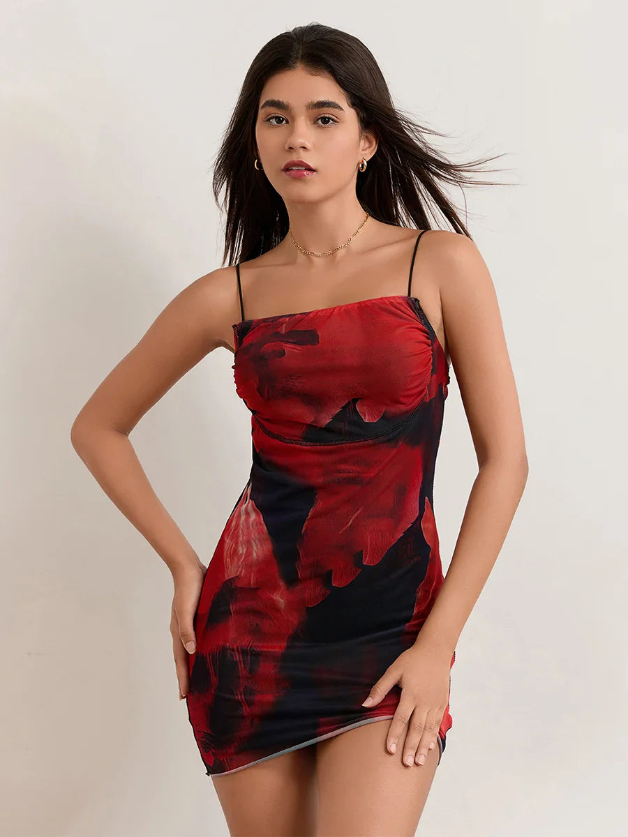 Hot Floral Print Sheath Backless Spaghetti Mini Nightclub Floral Dress