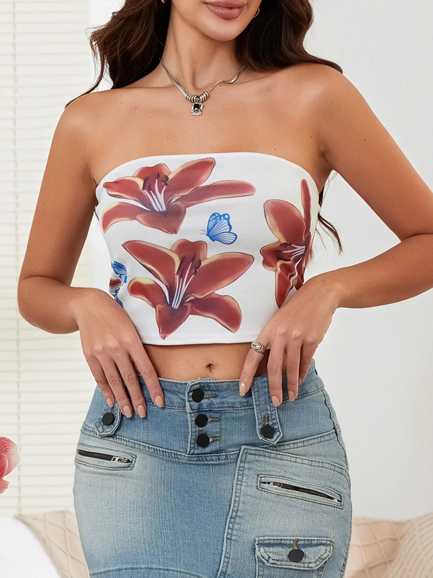 Sexy Floral Strapless Backless Crop Tank Tube Top - Fashionpara