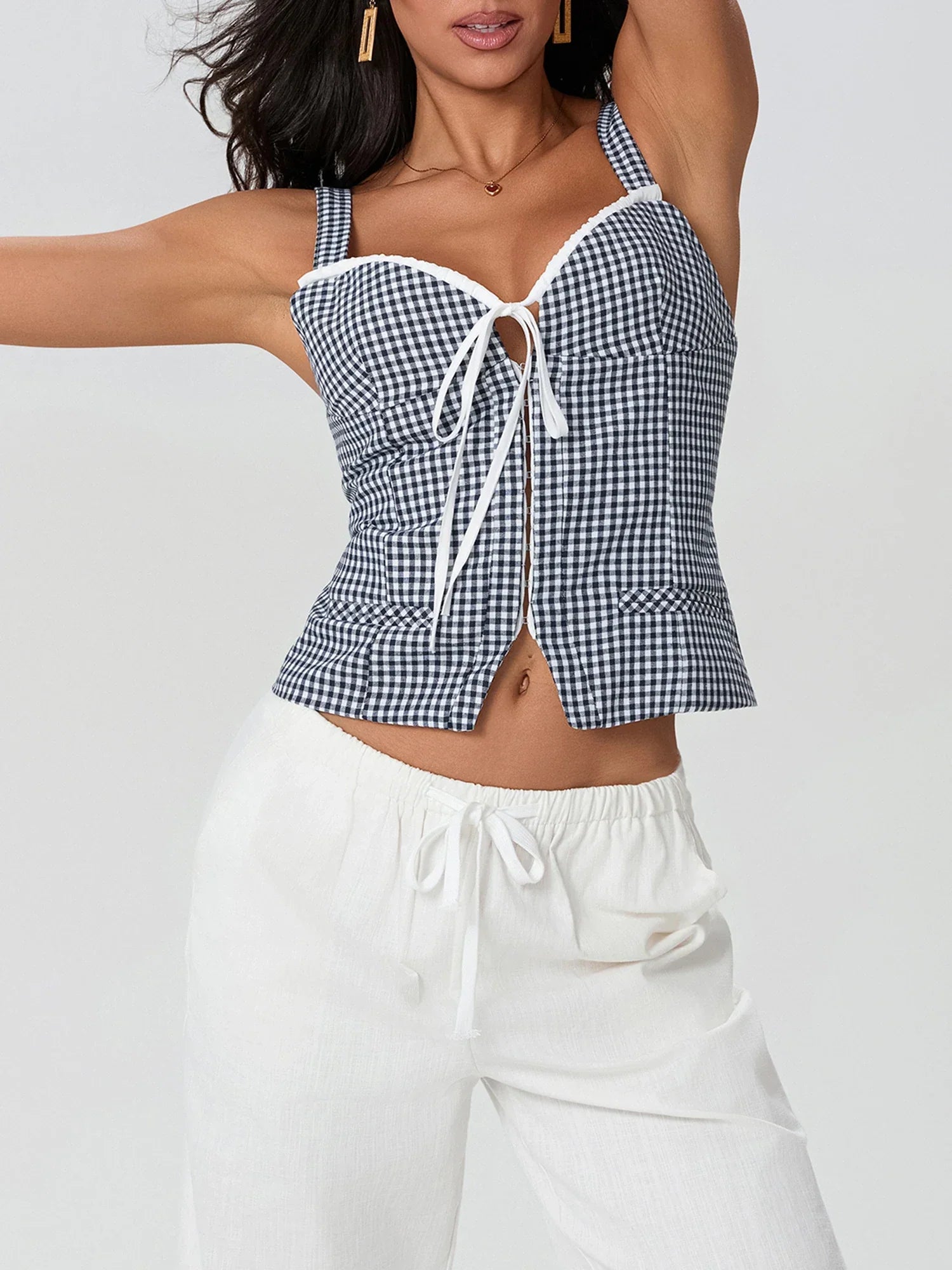 Plaid Print Backless Sleeveless Low Cut Tied Crop Vest