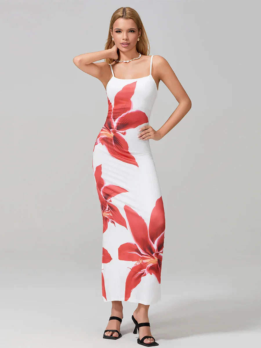 Sexy Spaghetti Straps Bodycon O-neck Wrap Cami Floral Dress