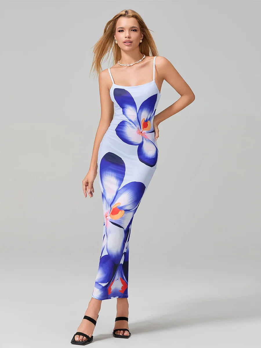 Sexy Spaghetti Straps Bodycon O-neck Wrap Cami Floral Dress