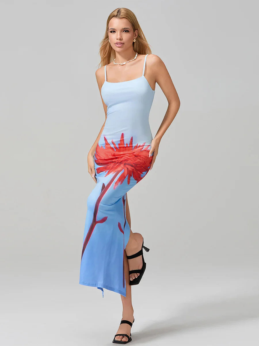 Sexy Spaghetti Straps Bodycon O-neck Wrap Cami Floral Dress