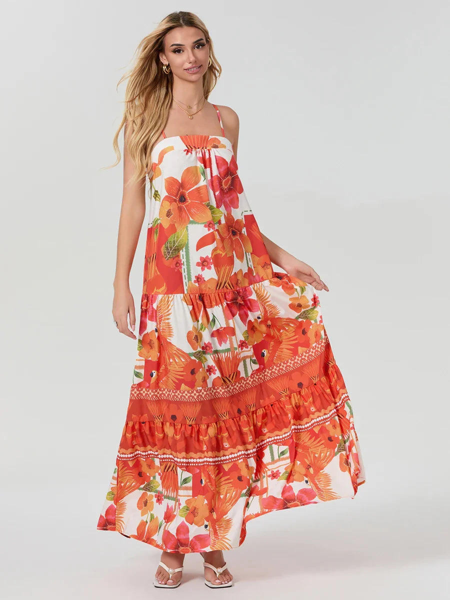 Boho Flowy Leaves Floral Ruched A-Line Floral Dress
