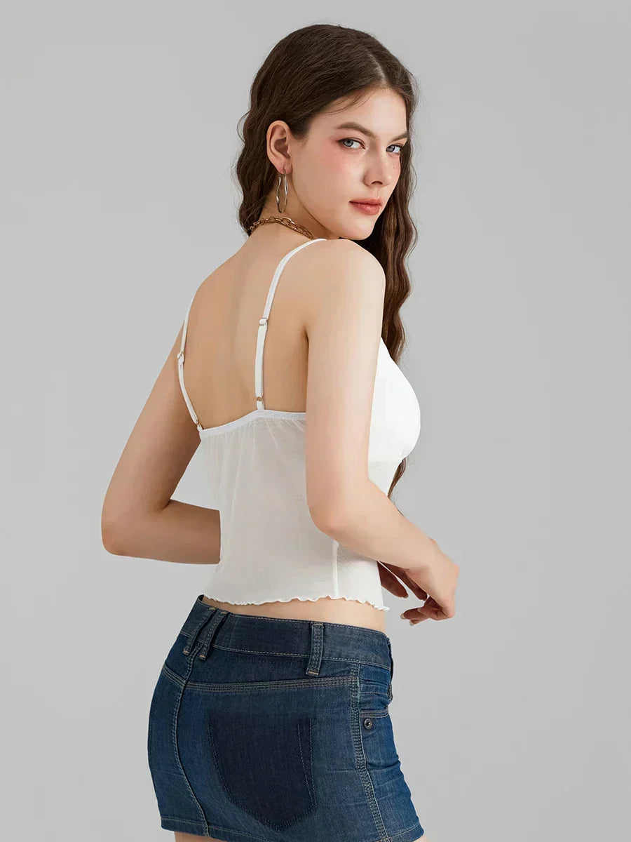 Sheer Mesh Backless Spaghetti Strap V-neck Crop Top
