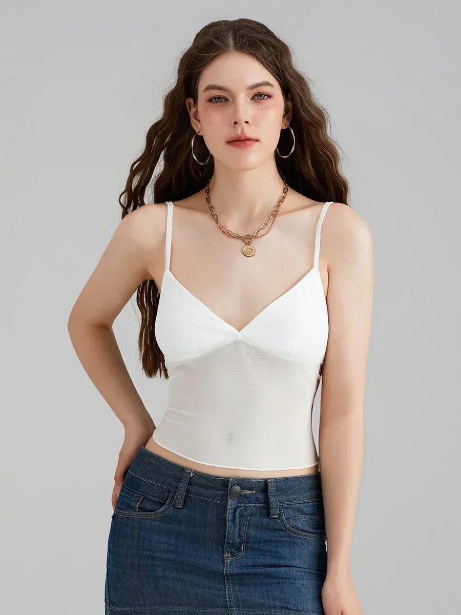Sheer Mesh Backless Spaghetti Strap V-neck Crop Top