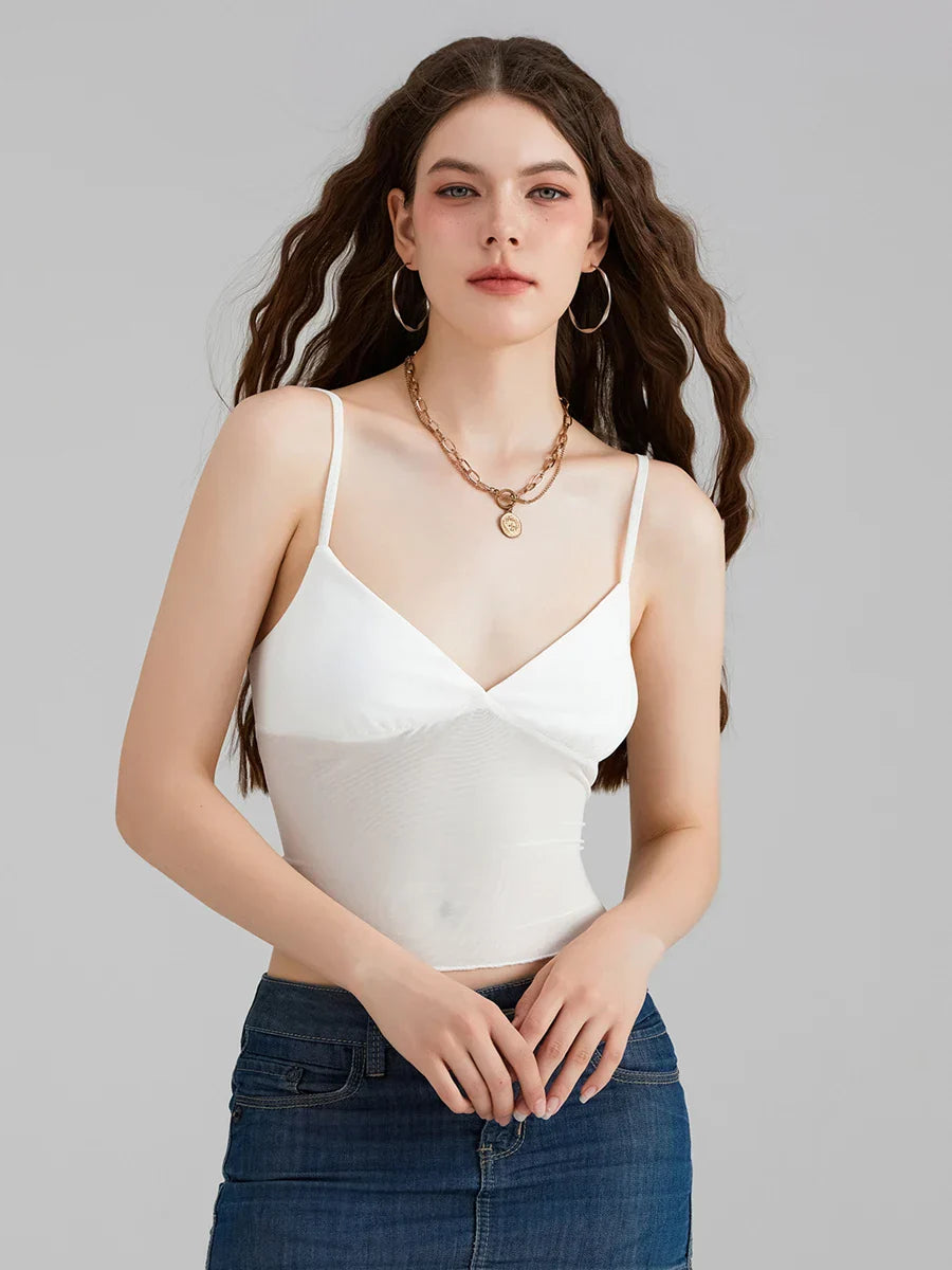 Sheer Mesh Backless Spaghetti Strap V-neck Crop Top