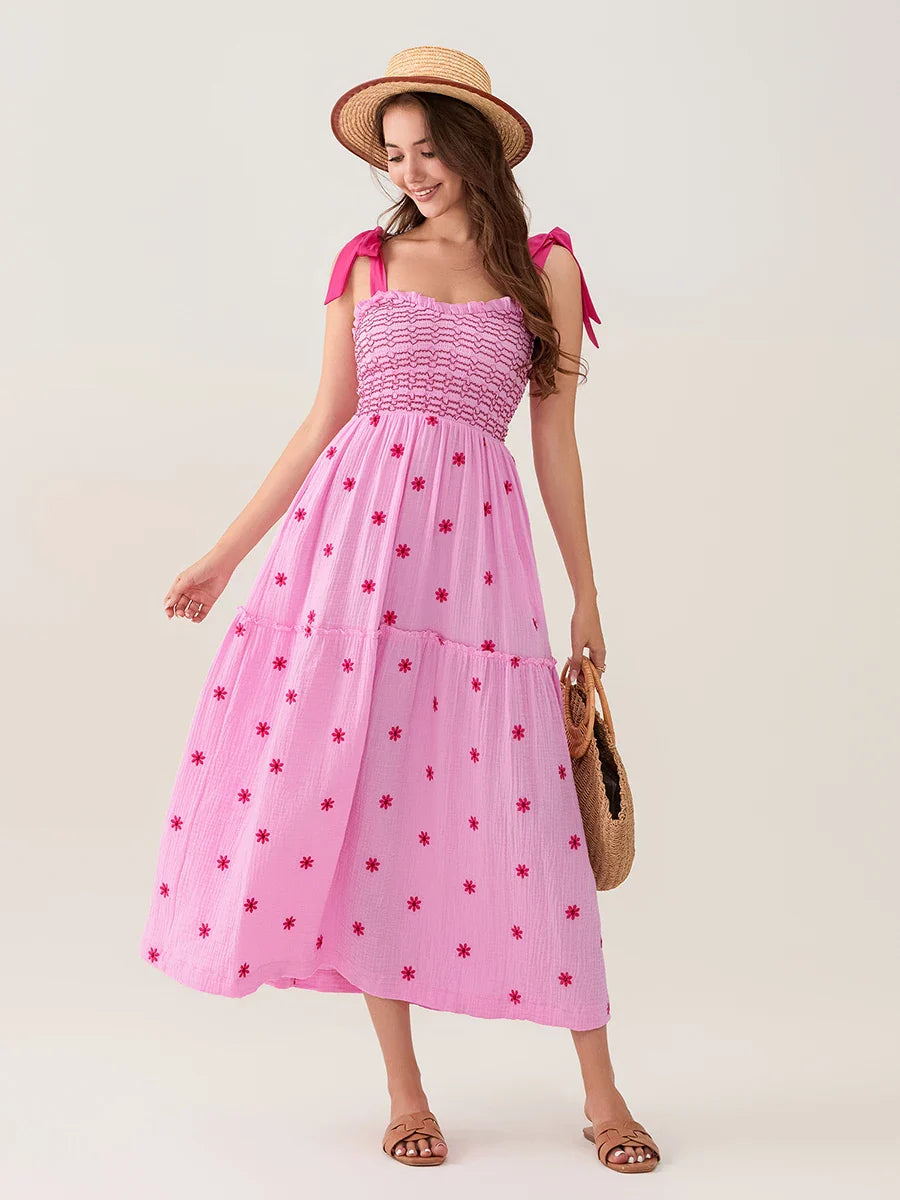 Tie-Shoulder Flowers Tank Tiered Ruffle Sweetheart Floral Dress