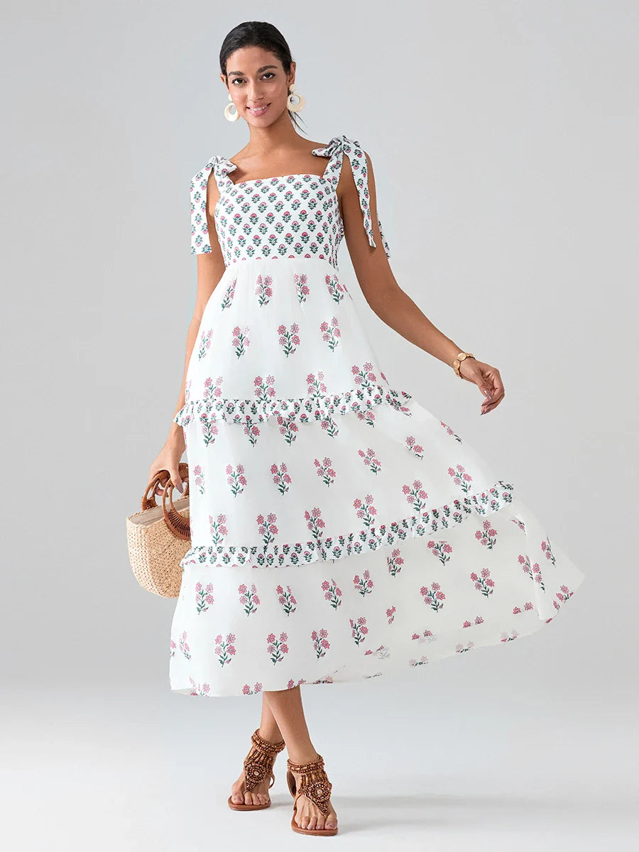 Wide Straps Flowy Floral Bohemian Beach Frill Trim Square Neck A-Line Dress