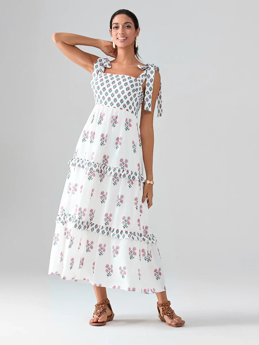 Wide Straps Flowy Floral Bohemian Beach Frill Trim Square Neck A-Line Dress