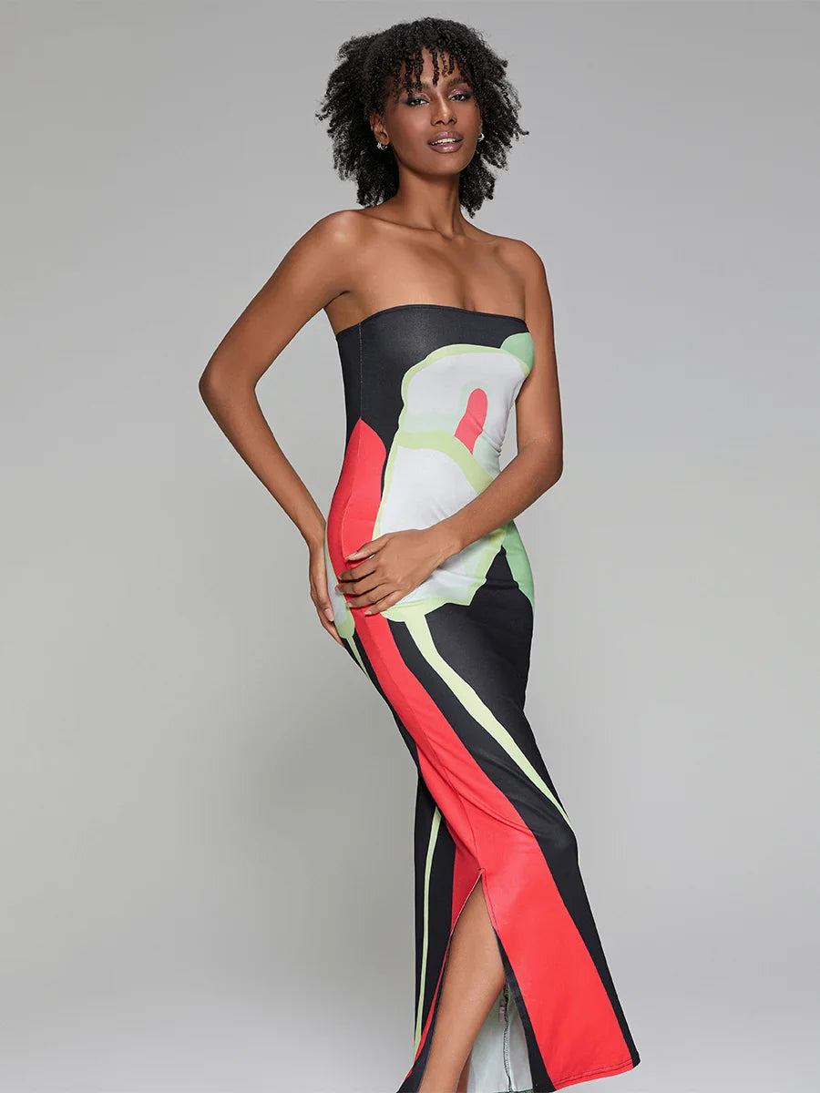 Abstract Print Strapless Side Split Floral Dress