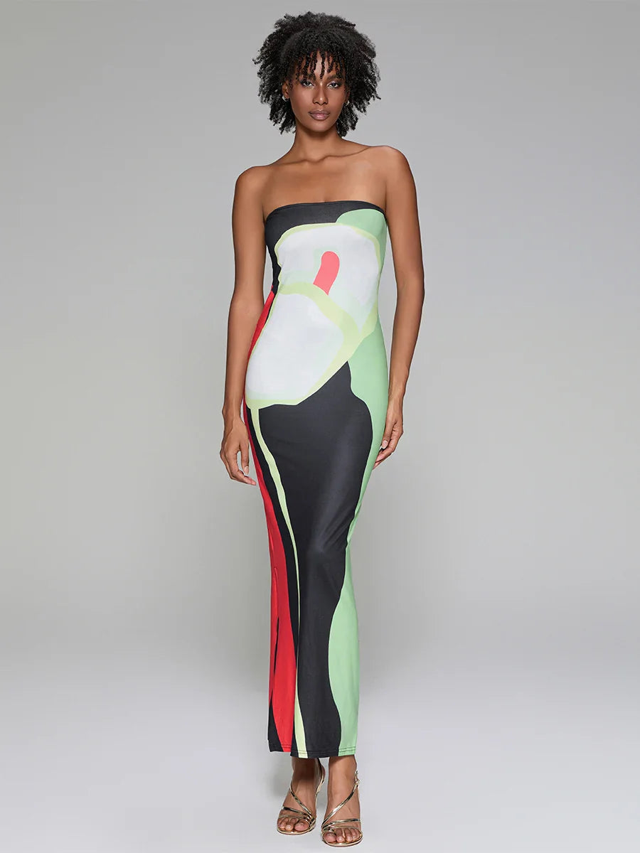 Abstract Print Strapless Side Split Floral Dress