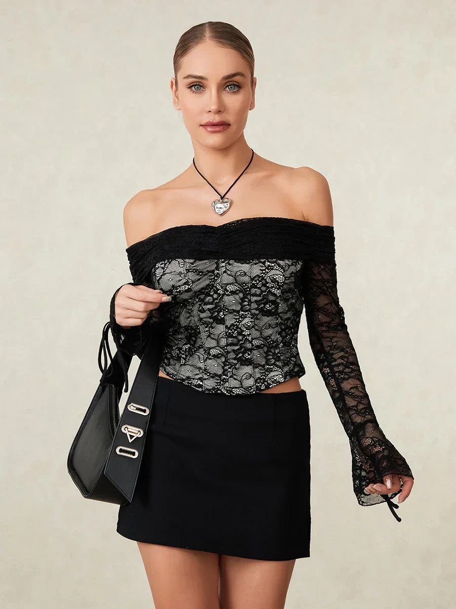 Black Lace Floral Sheer Off-shoulder Slim Corset Top