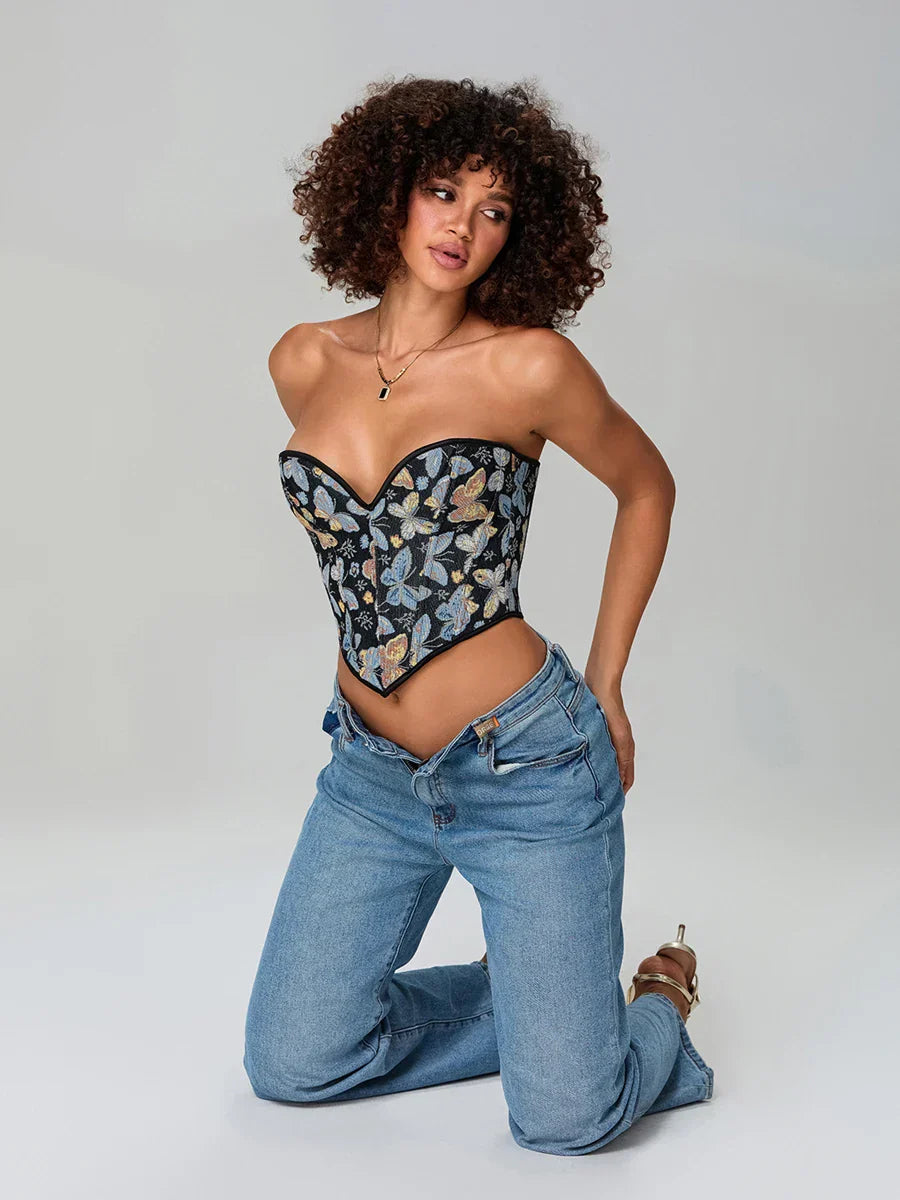 Butterfly Print Strapless Bandage Off-shoulder Corset