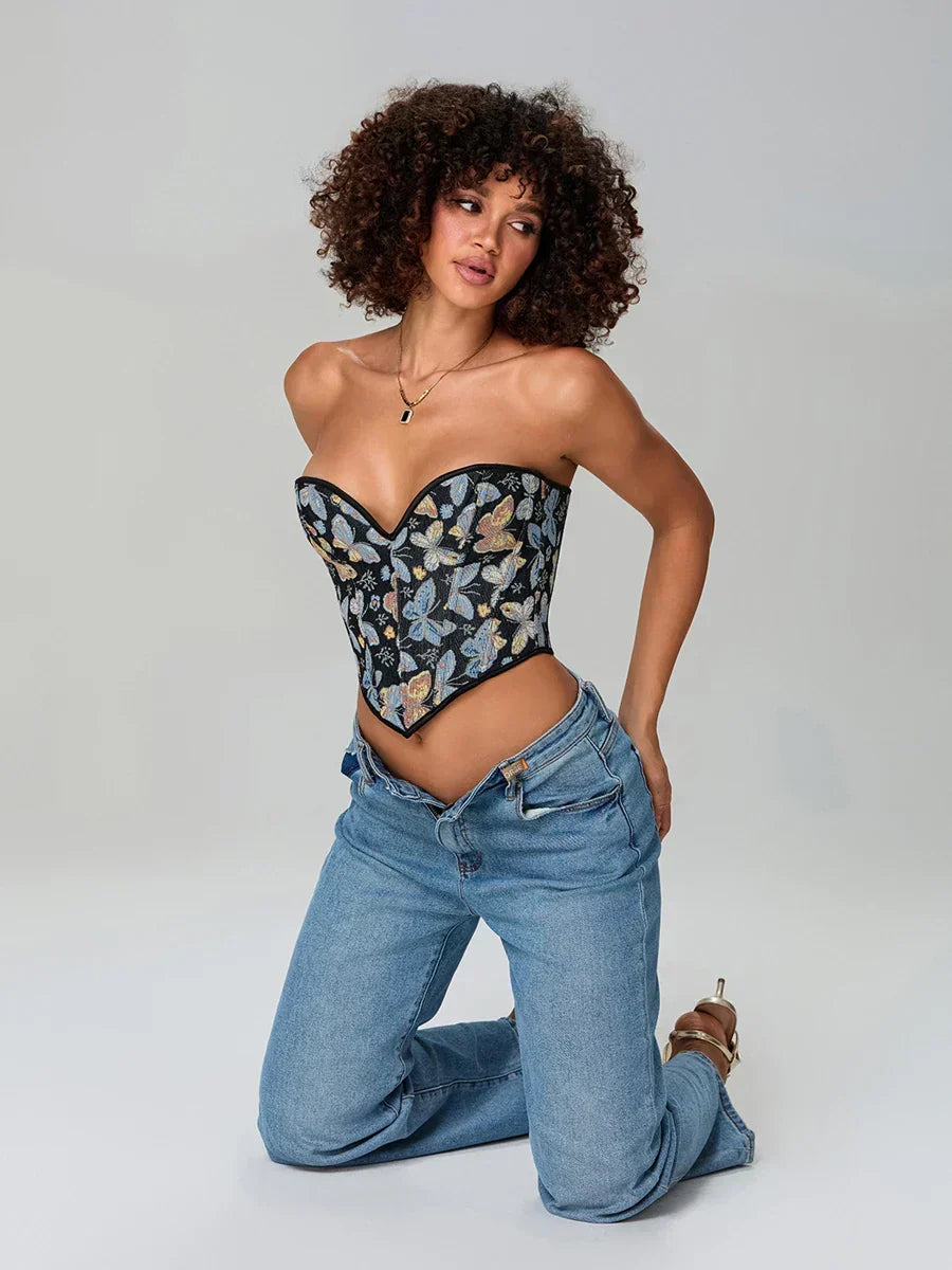 Butterfly Print Strapless Bandage Off-shoulder Corset