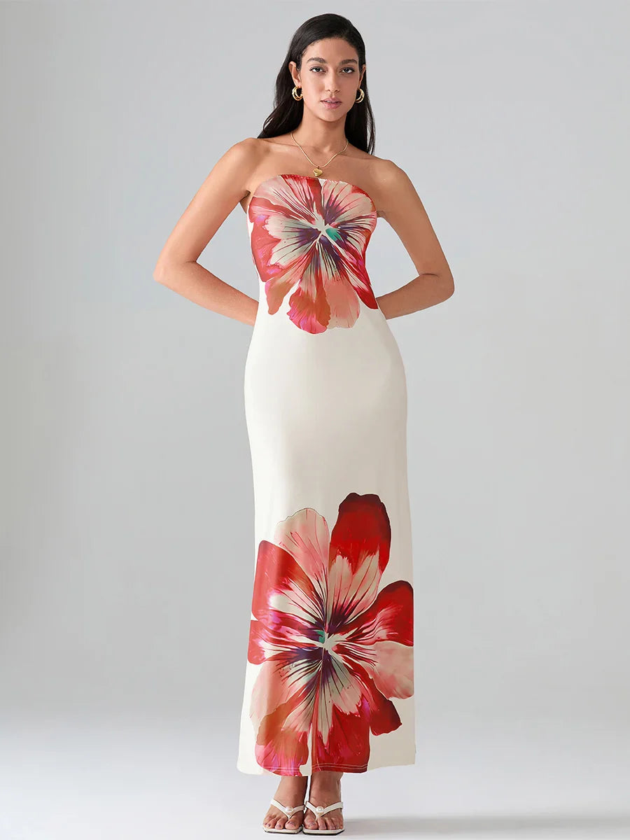 Floral Print Bandeau Strapless Wrap Floral Dress