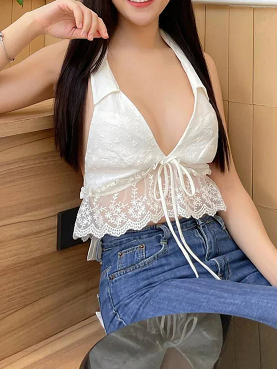 Eyelet Embroidery Halter Lace Ruffle Backless Crop Vest WHITE / S croptop-250126