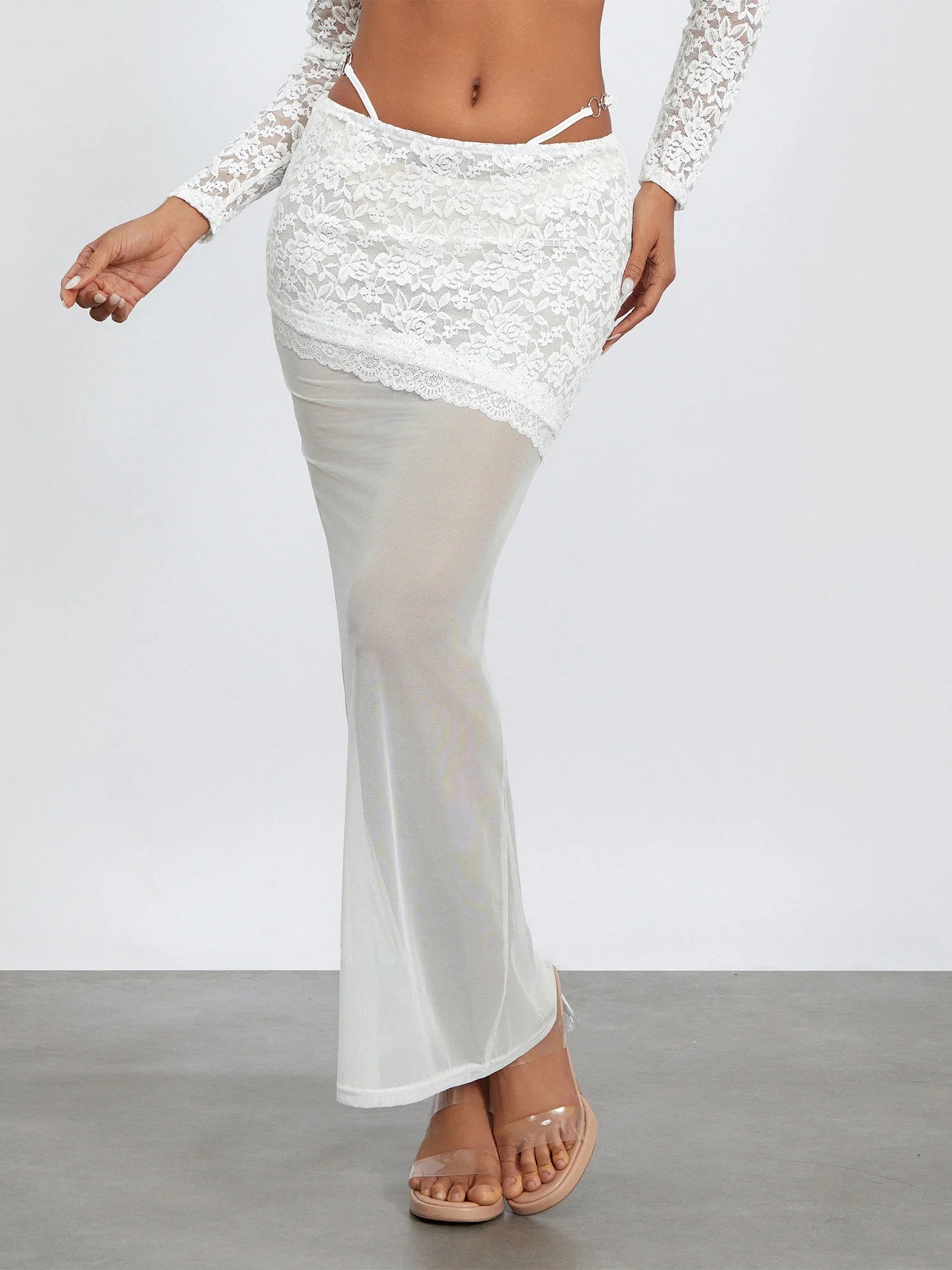 White Lace Patchwork Cropped Shrug Floral Skirt Set