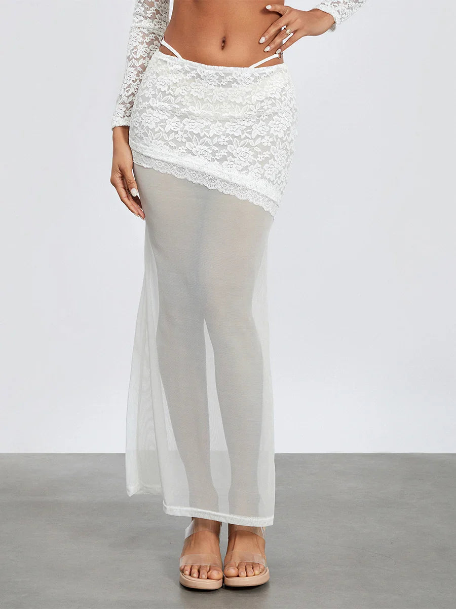 White Lace Patchwork Cropped Shrug Floral Skirt Set