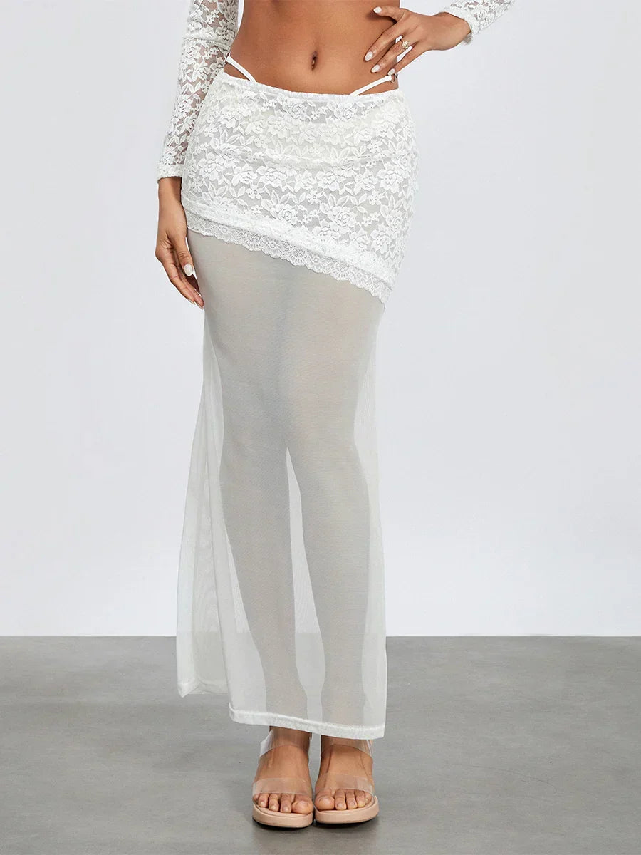 White Lace Patchwork Cropped Shrug Floral Skirt Set