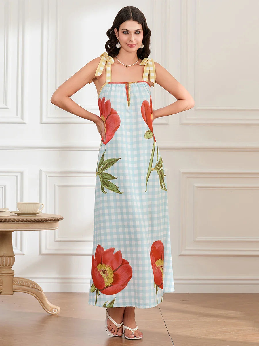 Plaid Flower Sleeveless Tank Floral Dress