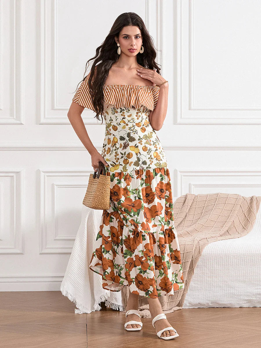 Off-Shoulder Ruffled Ruched Vintage Striped Fruit Flower Floral Dress