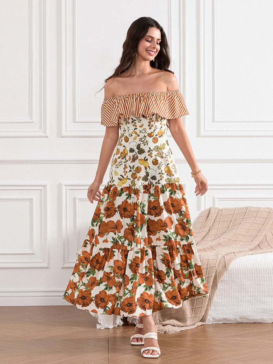 Off-Shoulder Ruffled Ruched Vintage Striped Fruit Flower Floral Dress