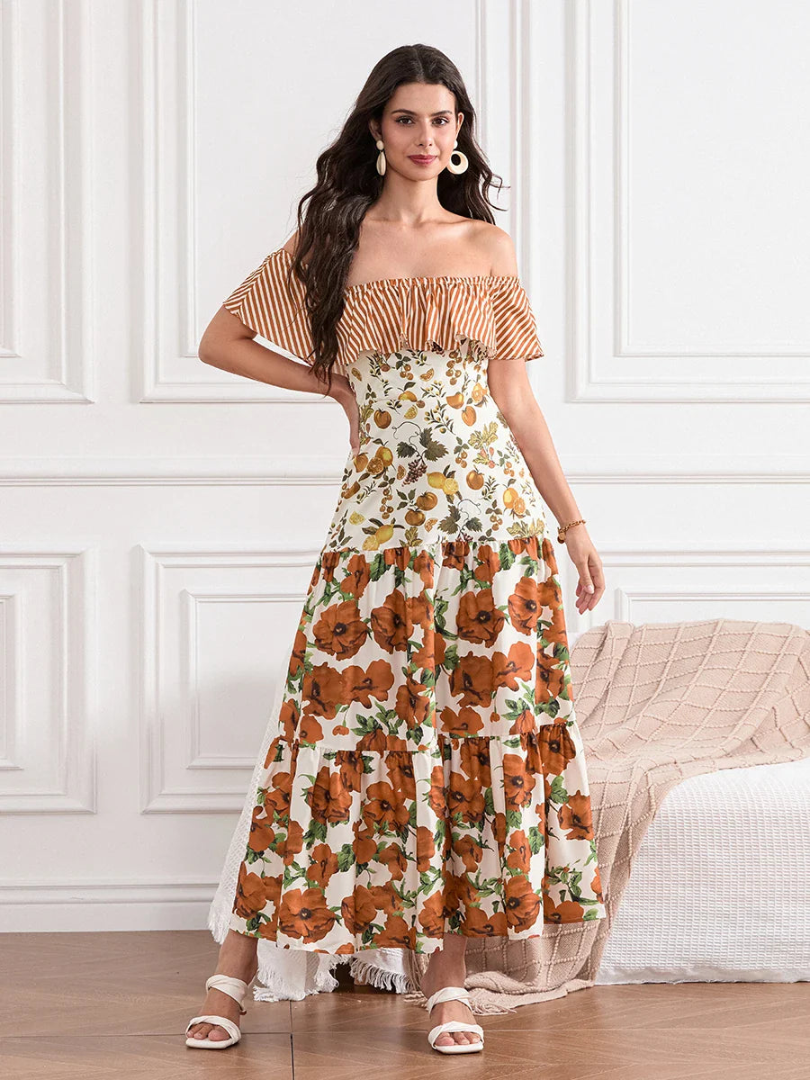 Off-Shoulder Ruffled Ruched Vintage Striped Fruit Flower Floral Dress