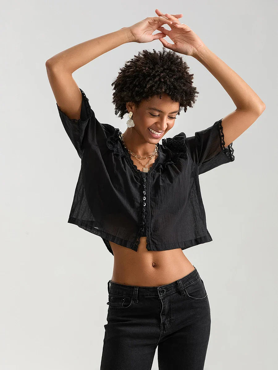 Lace Ruffle V-neck Button Casual Loose Crop Shirt