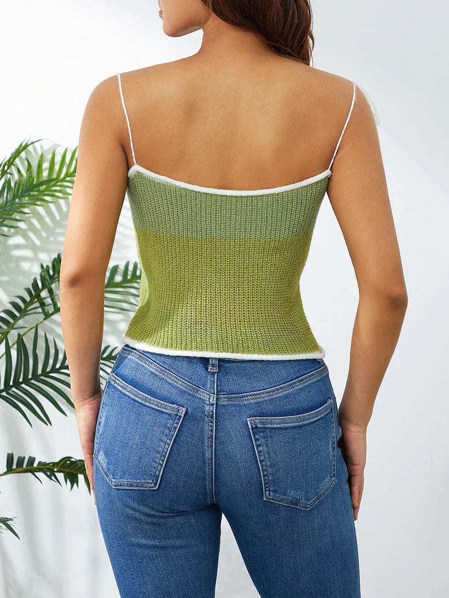 Wool Knitted Contrast Tie-up Spaghetti Strap 90s Crop Top