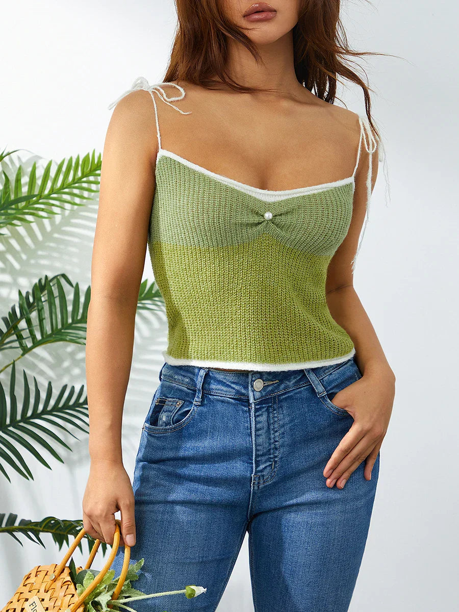 Wool Knitted Contrast Tie-up Spaghetti Strap 90s Crop Top