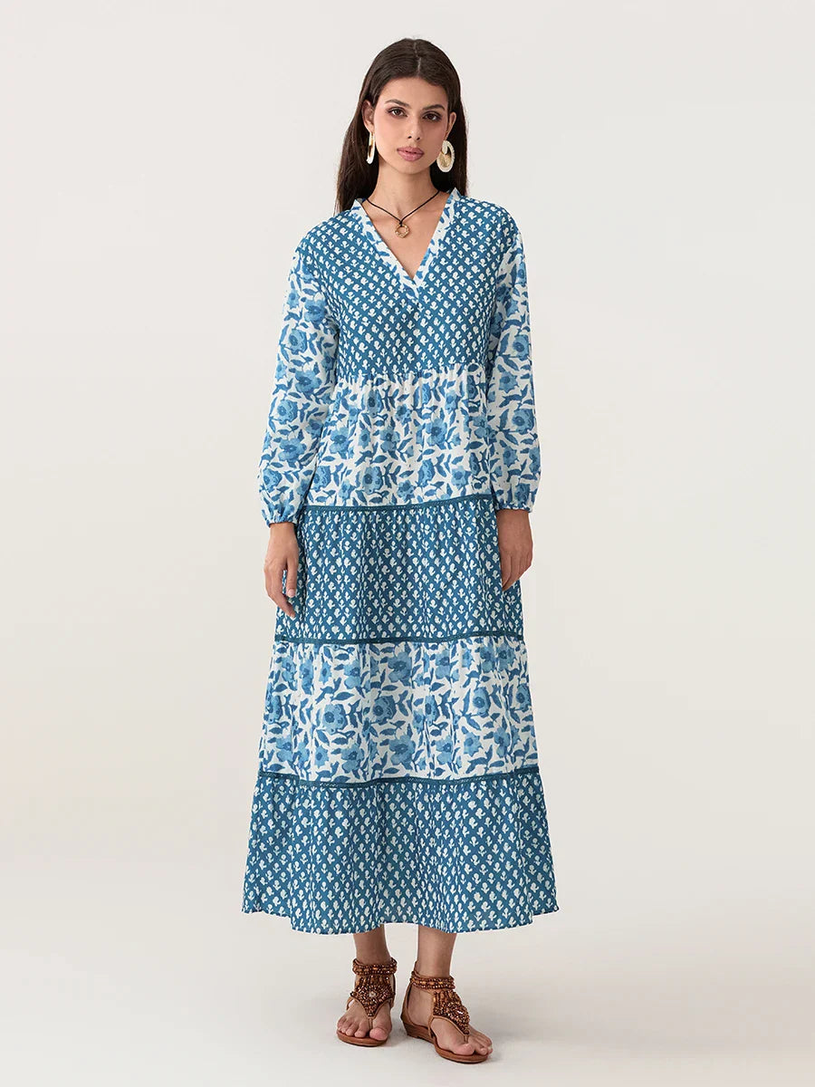 Autumn Floral Long Sleeve V-Neck Loose A-Line Floral Dress