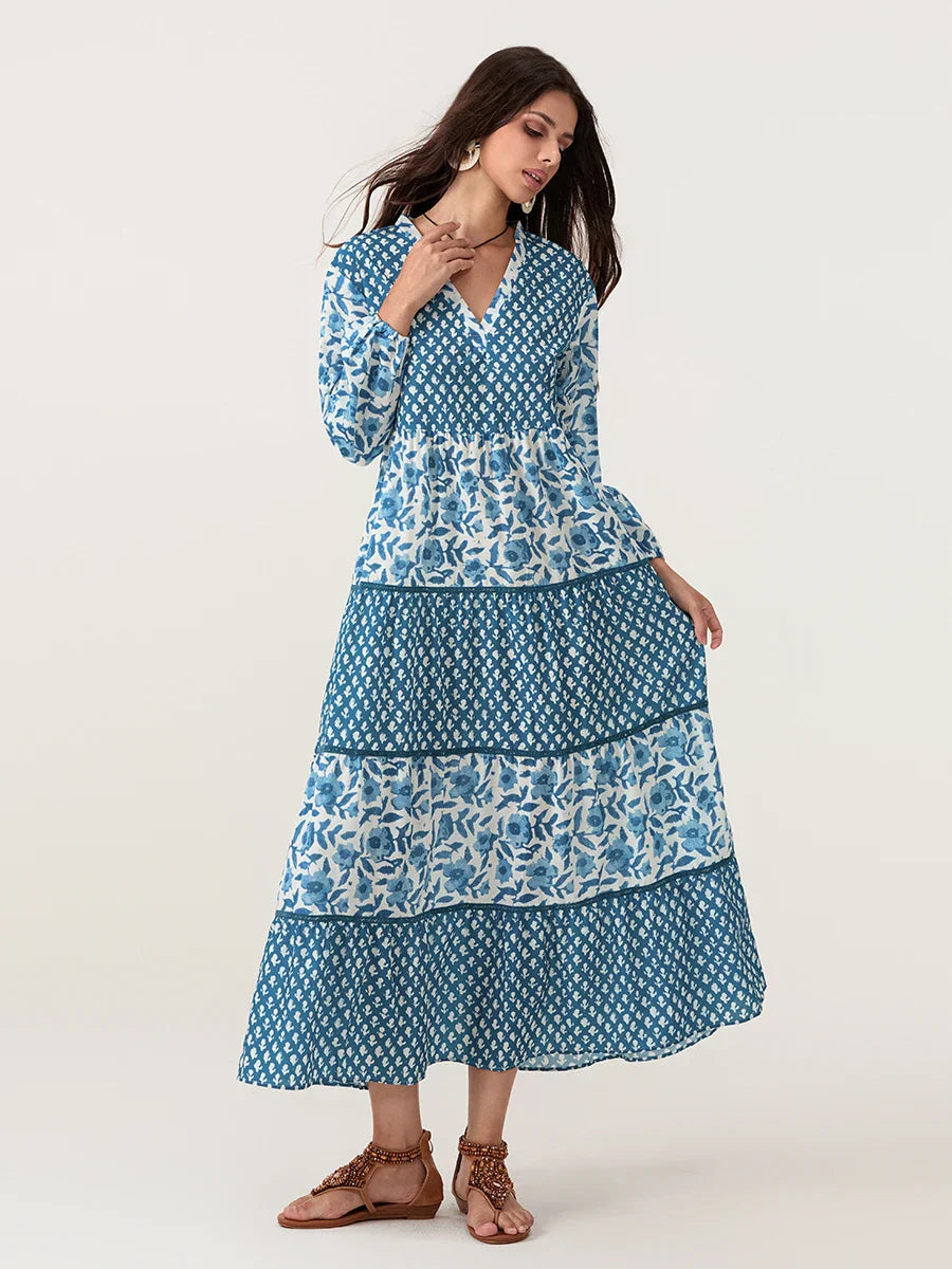 Autumn Floral Long Sleeve V-Neck Loose A-Line Floral Dress