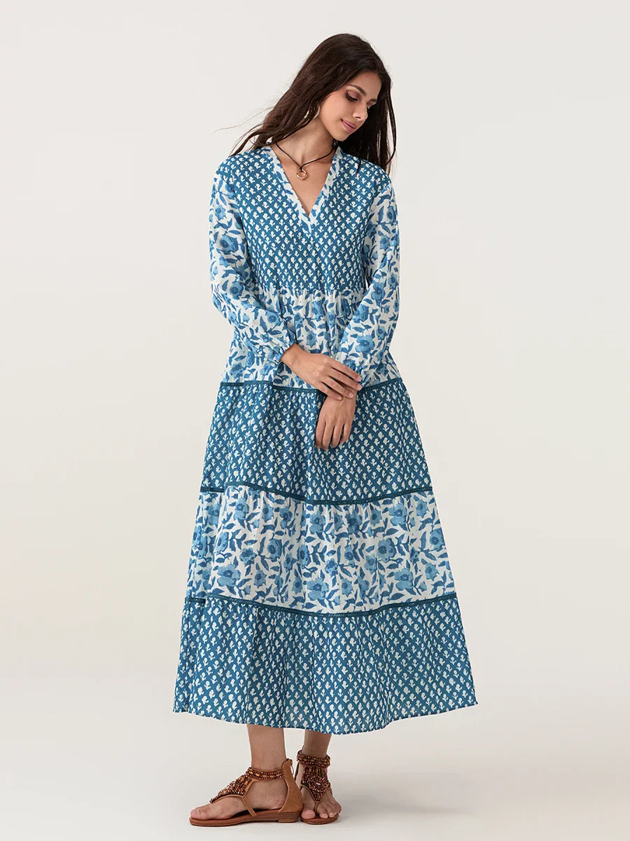 Autumn Floral Long Sleeve V-Neck Loose A-Line Floral Dress