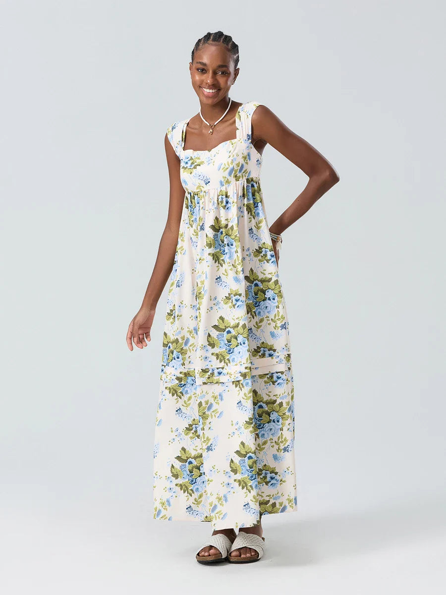 Bohemian Floral Tank Back Tied Square Neck Ruffle Flowy Floral Dress