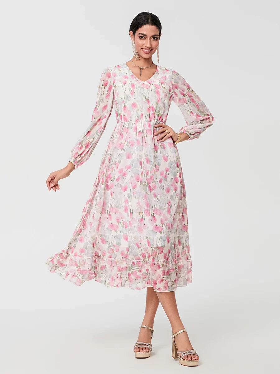 Elegant Floral Flowing Long Sleeve A-Line Floral Dress