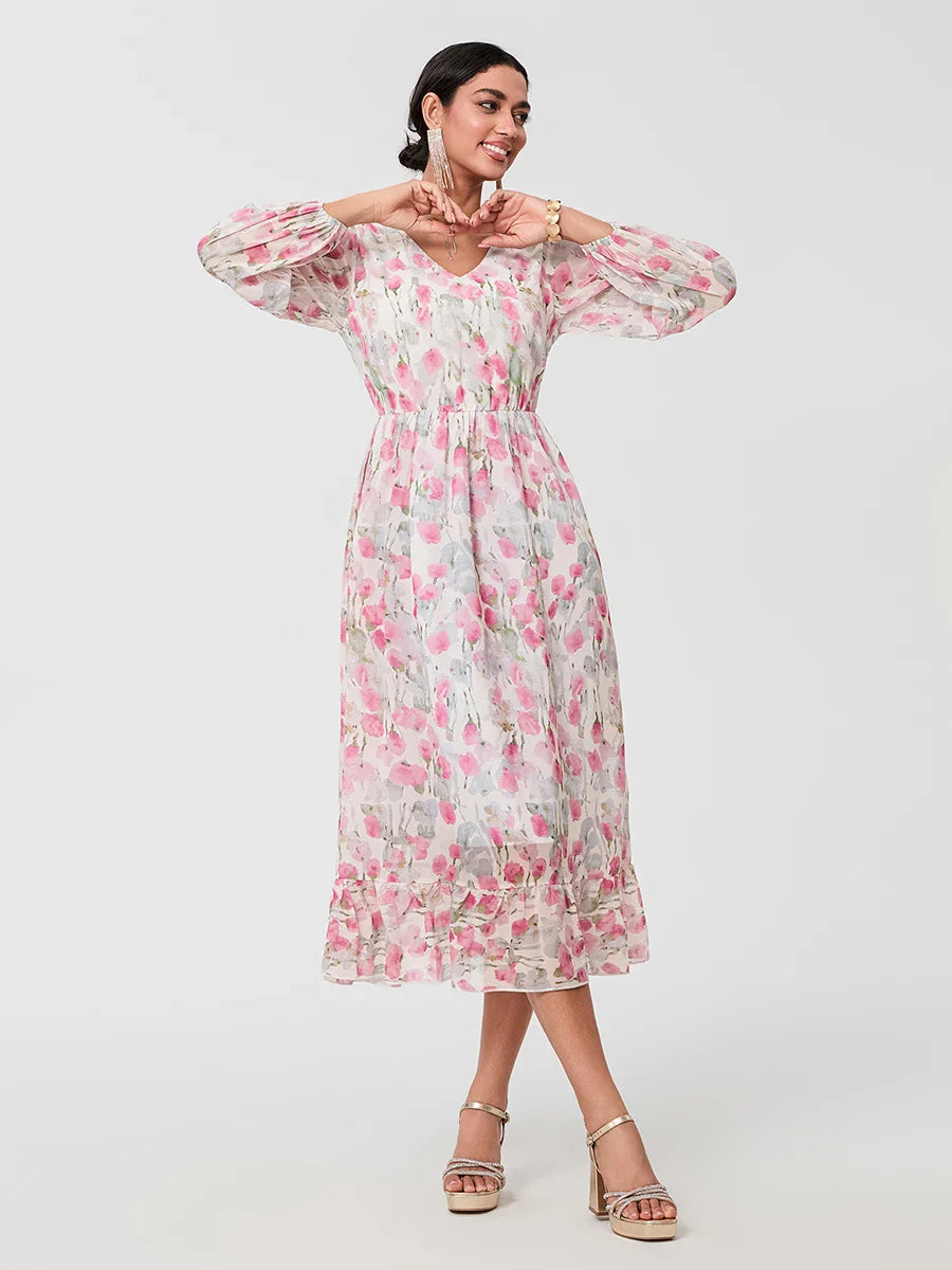 Elegant Floral Flowing Long Sleeve A-Line Floral Dress