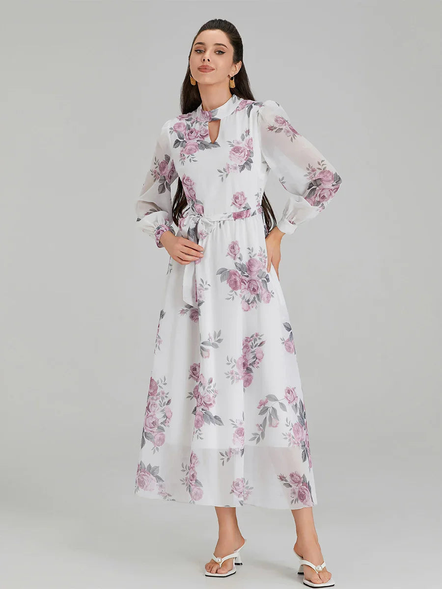 Elegant Floral Print Chiffon Long Lantern Sleeve Tie Waist Floral Dress