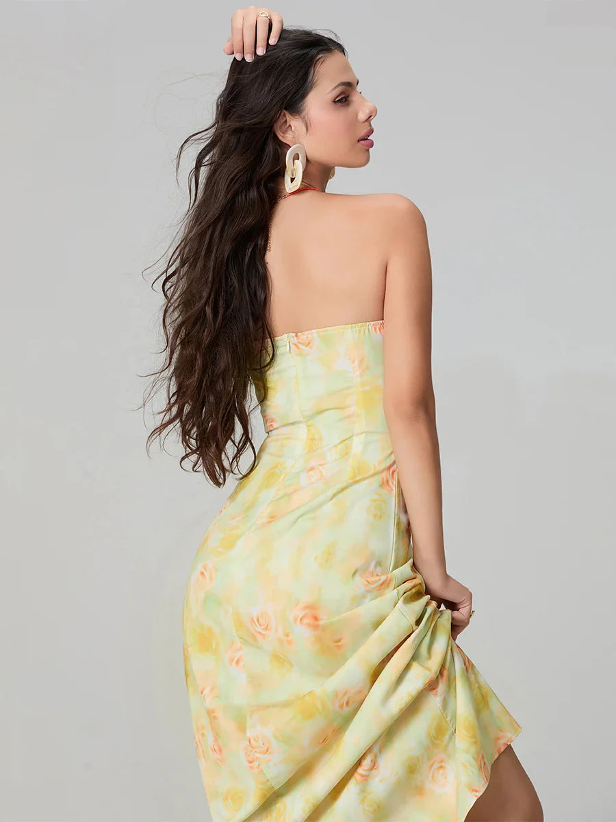 Elegant Floral Print Tube Backless Off-Shoulder Evening Gown Party Dress