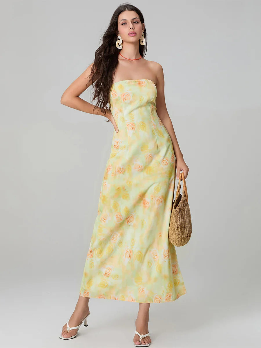 Elegant Floral Print Tube Backless Off-Shoulder Evening Gown Party Dress