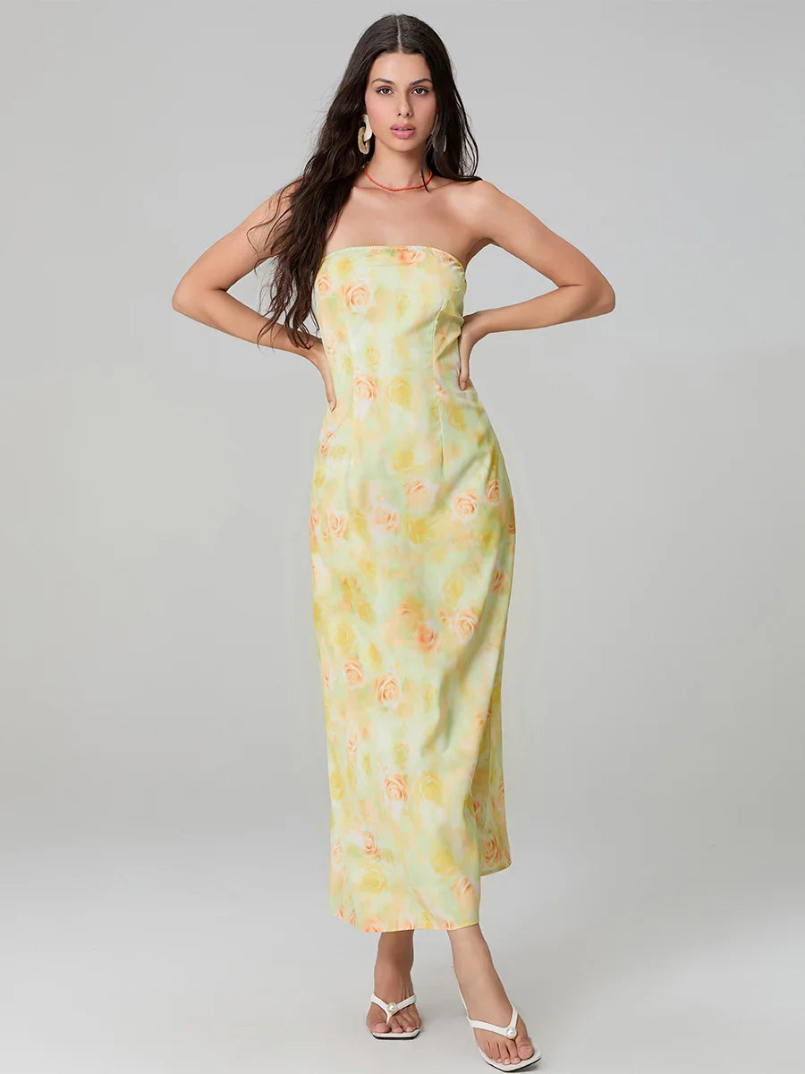 Elegant Floral Print Tube Backless Off-Shoulder Evening Gown Party Dress